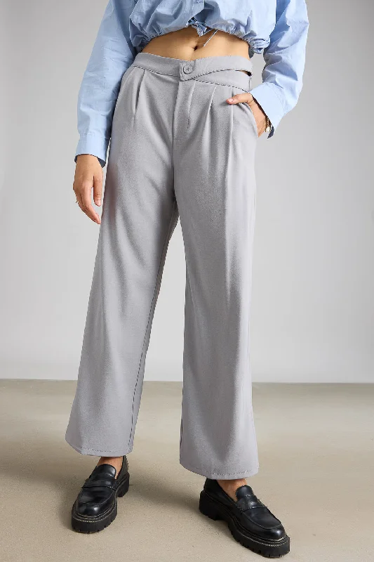 Relaxed Chic Light Grey Pleated Formal Korean Pants