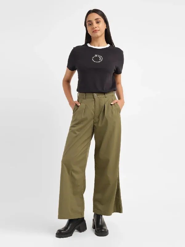 Fashion Expert Women's High Rise Olive Loose Fit Trousers