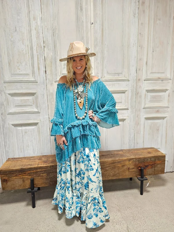 Sporty Elegance Bird of Paradise Cream & Turquoise Pants by A Rare Bird