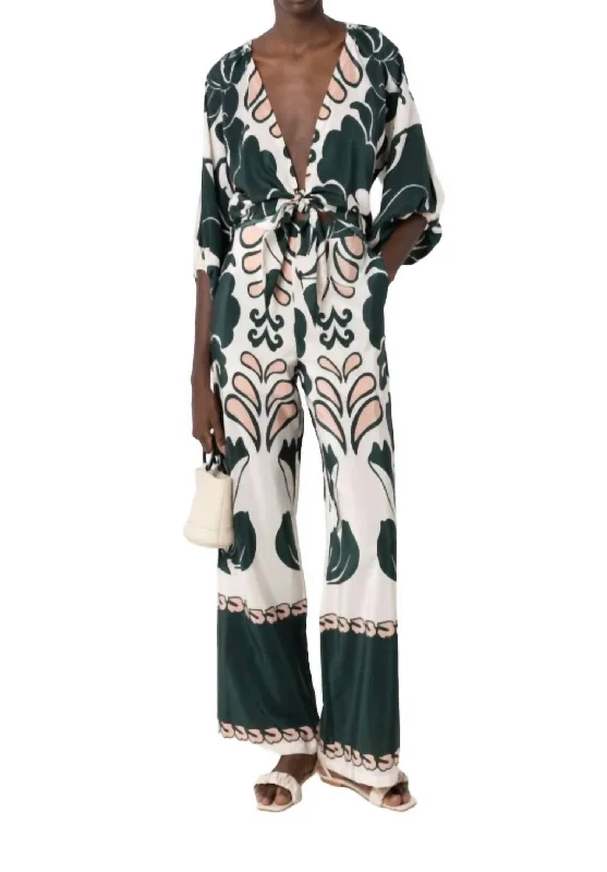 Easygoing Fashion Spray Of Flower Wide-Leg Pant In Dark Green
