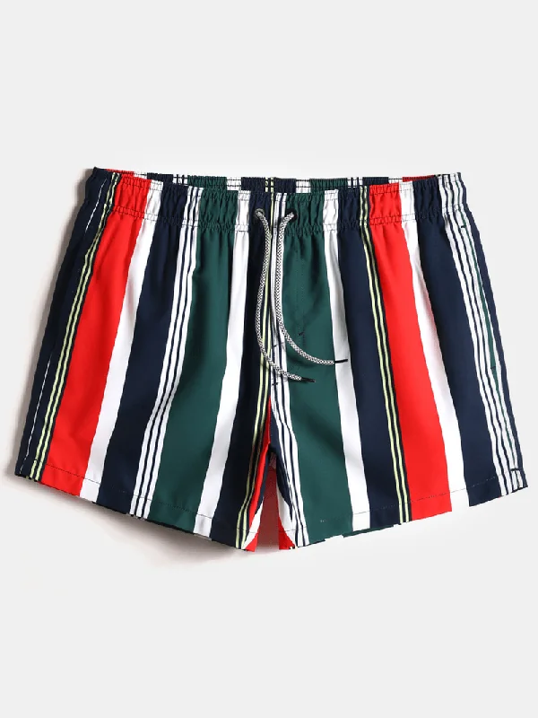 Elegant And Noble Mens Colorful Stripe Drawstring Pocket Quick Dry Holiday Board Shorts