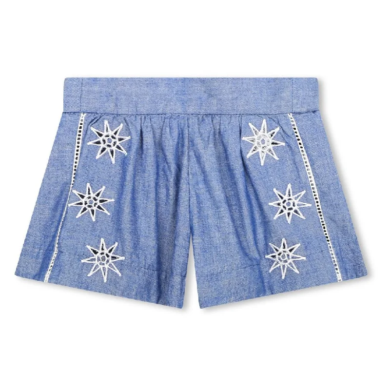 Stunning Fashion Blue Star Embroidered Chambray Shorts