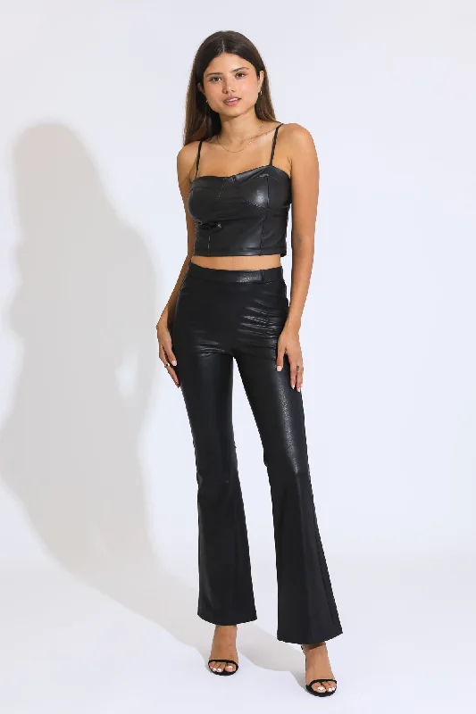 Youthful Vitality HIGH RISE FAUX LEATHER FLARE PANTS- BLACK