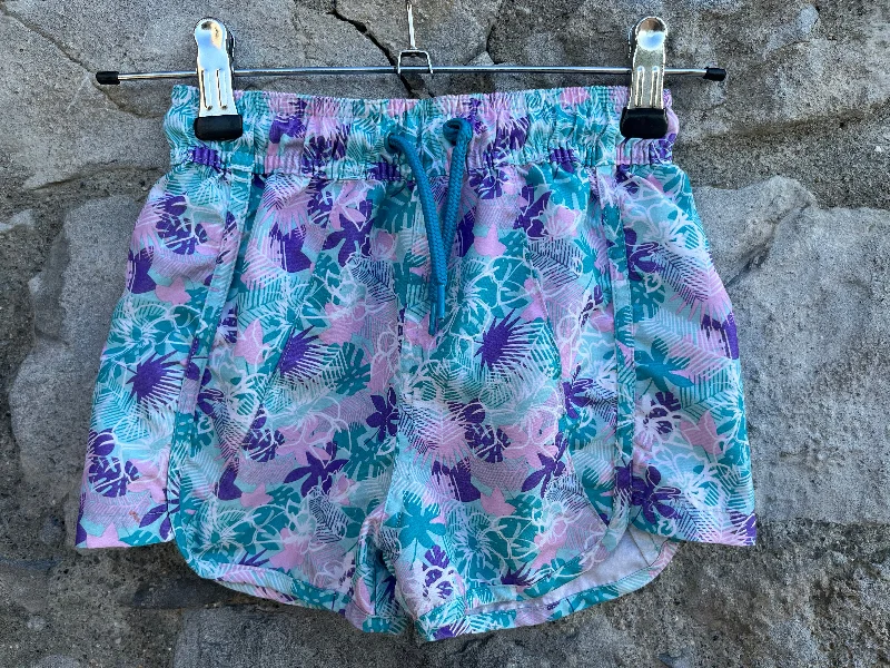 Light And Breathable Purple&teal leaves shorts  5-6y (110-116cm)