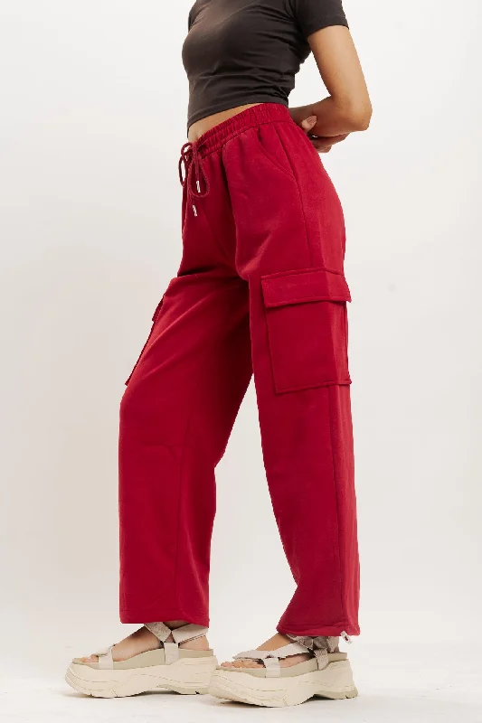 Free And Comfortable Red Knit Wide Leg Cargo Trouser
