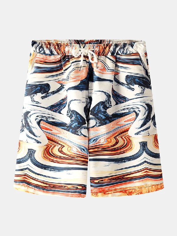Casual Street Mens Designer Colorful Print Pocket Drawstring Casual Beach Shorts
