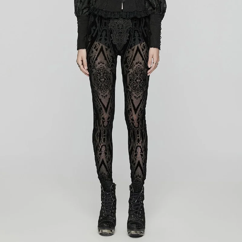 Sports Zipper Style Women's Gothic Floral Embroidered Flocked Mesh Leggings