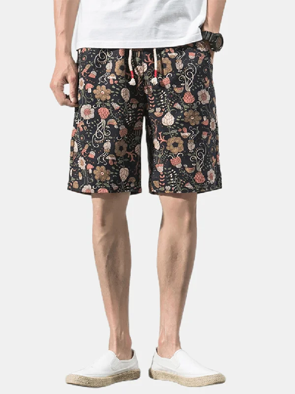 Sports Design Cotton Mens Floral Print Pocket Drawstring Casual Shorts