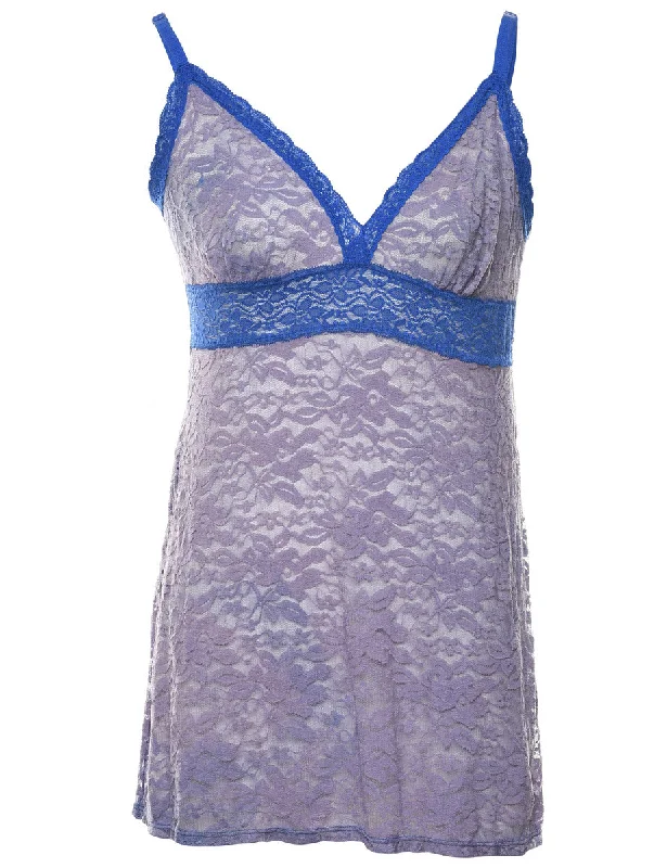 Casual Style Lilac & Navy Floral Lace Sheer Slip Dress - M