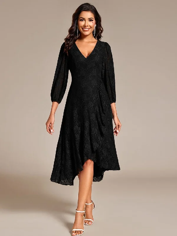Knitted Design Irene | Elegant Lace A-Line Long Sleeves Midi Wedding Guest Dress