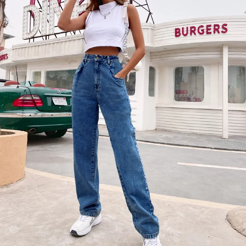 Fresh And Simple Long Relaxed High Waist Trousers Jeans Pants Wholesale