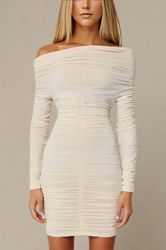 Exclusive Customization Alessandra Long Sleeve Wrap Bodycon Mini Dress - Cream