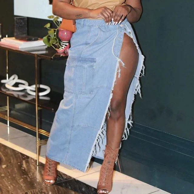 Celebrity Style GX9150 Wholesale 2023 Women's spring autumn new fashion personality washable pocket high slit jeans denim long skirt Celebrity Style GX9150 Wholesale 2023 Women's spring autumn new fashion personality washable pocket high slit jeans denim long skirt