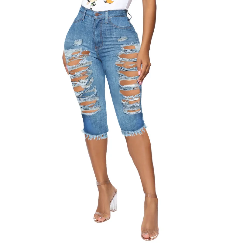 Comfortable Tops Ripped Frayed Cut-Off Wholesale Women Capri Jeans