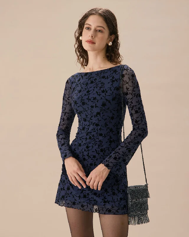 Mid-length Style Women's Blue See-through Long Sleeve Mini Dress