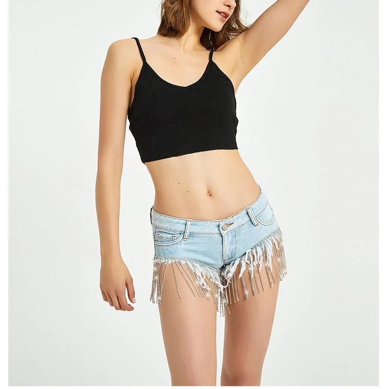 Elegant Outline Tassel Diamond Chain Sexy Denim Wholesale Jean Shorts