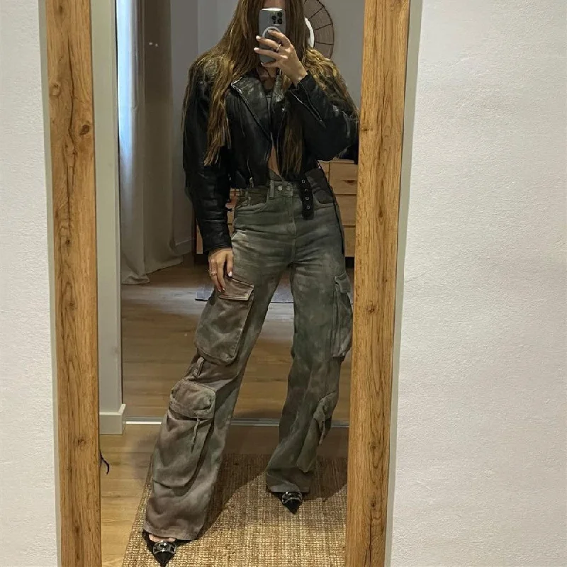 Exquisite Tailoring Hot Sell New tie dyed denim high waist zipper straight sleeve multi pocket fashionable street overall cargo pants Exquisite Tailoring Hot Sell New tie dyed denim high waist zipper straight sleeve multi pocket fashionable street overall cargo pants