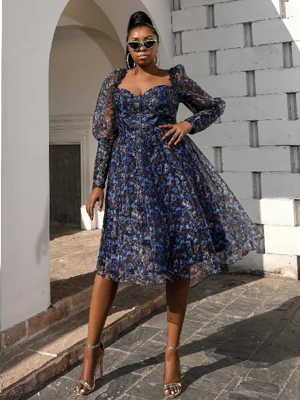 Cool Summer Glamorous All Over Print Zipper Long Sleeve Sweetheart Flared High Waist Midi Plus Size Dress