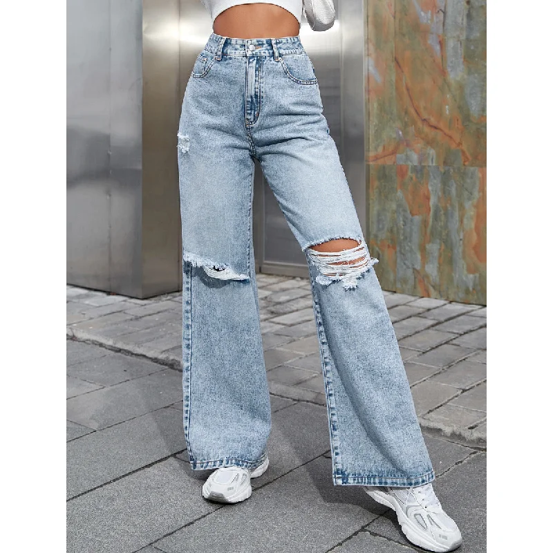 Fashion Must-have Fashion High Waist Ripped Denim Pants Solid Color Casual Wide Leg Wholesale Clothing For Women Fashion Must-have Fashion High Waist Ripped Denim Pants Solid Color Casual Wide Leg Wholesale Clothing For Women