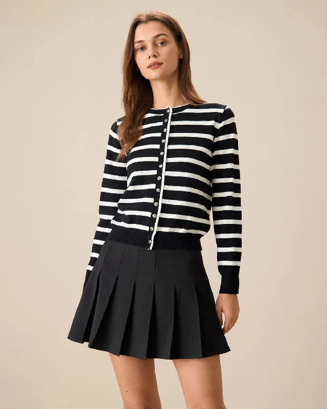 Elegant And Noble Women's Black Striped Single-Breasted Cardigan