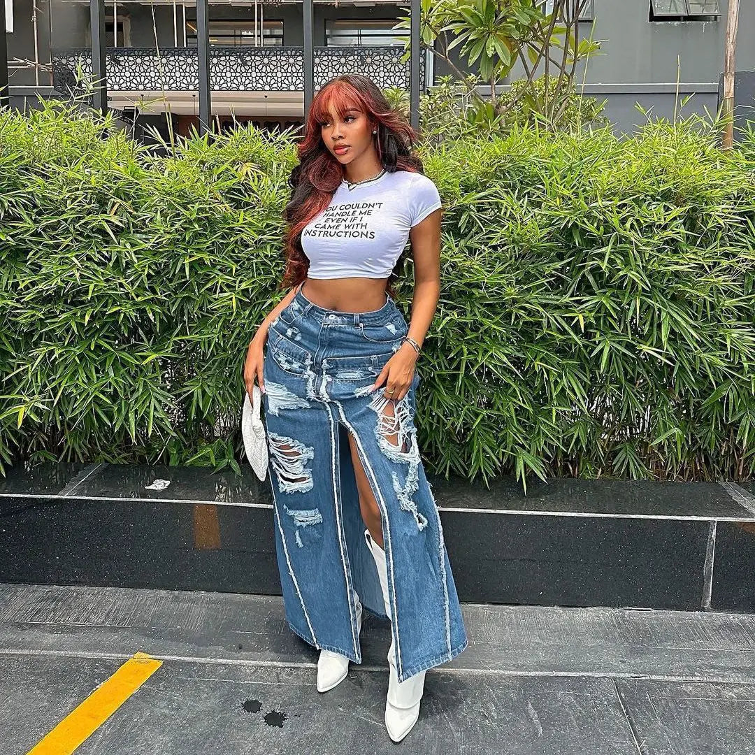 High waist design Bomblook ASSK41 High Waist Slit Cut Out Denim Skirt  Women's Denim Skirts Jean Skirts For Women