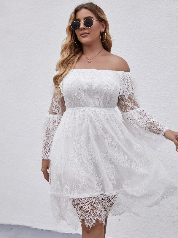 Floral Prints Romantic Plain Long Sleeve Off The Shoulder Flared High Waist Knee Length Plus Size Dress Floral Prints Romantic Plain Long Sleeve Off The Shoulder Flared High Waist Knee Length Plus Size Dress