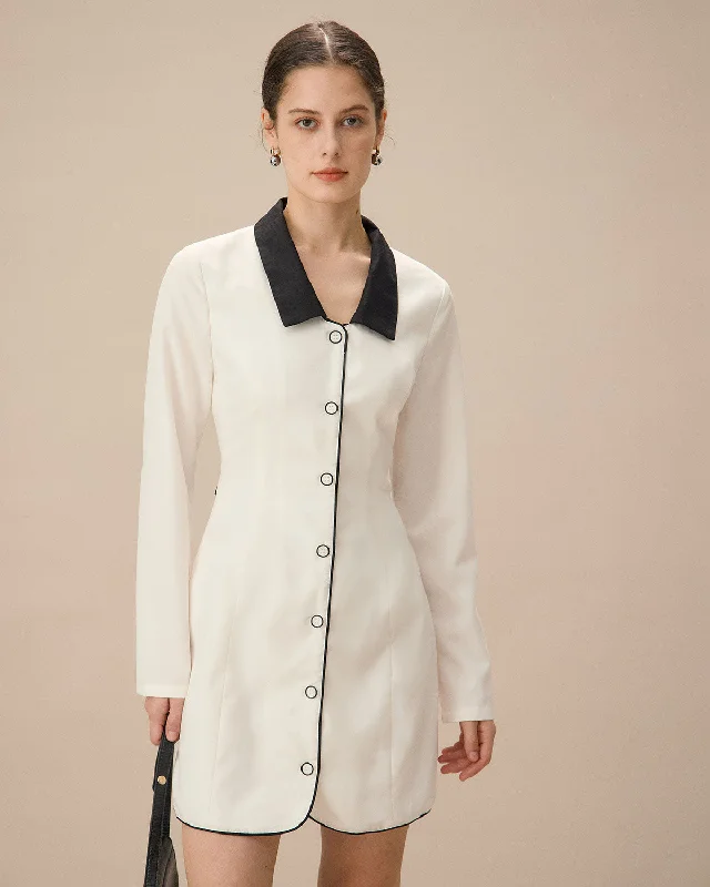 Short Design White Contrasting Button-Up Mini Dress