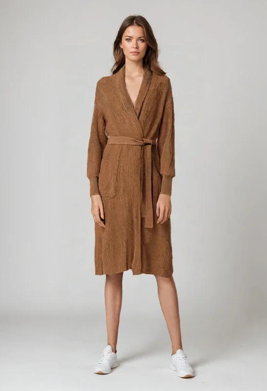 Sporty Elegance Women Long Cardigan with Belt - Brown