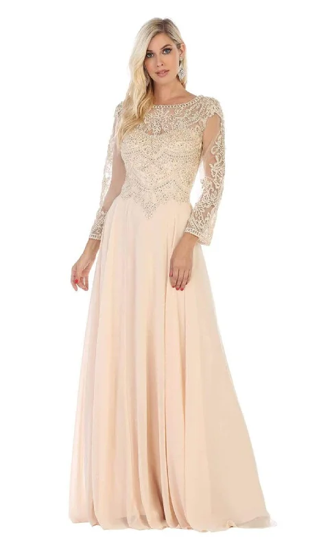 Knowledge And Elegance May Queen - MQ1615 Embroidered Long Sleeve Bateau A-line Dress