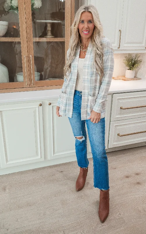 Summer Selection Forever Favorite Plaid Cardigan in Ivory Mocha Blue #1 | Salty Wave DEAL