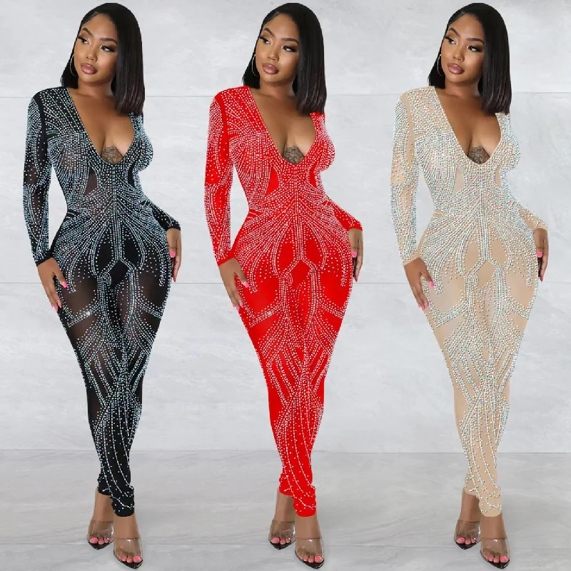 Personal Design J&H 2023 new arrivals sexy deep v neck bodycon jumpsuits women luxury rhinestone stretchy pants party outfits Personal Design J&H 2023 new arrivals sexy deep v neck bodycon jumpsuits women luxury rhinestone stretchy pants party outfits