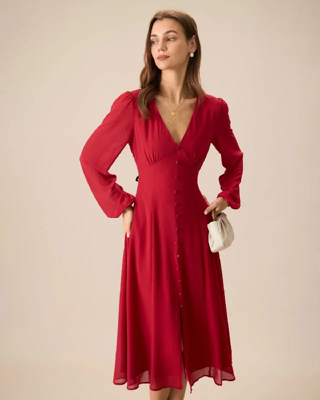 Noble Temperament Women's Red V-Neck Puff Sleeve Slit Midi Dress
