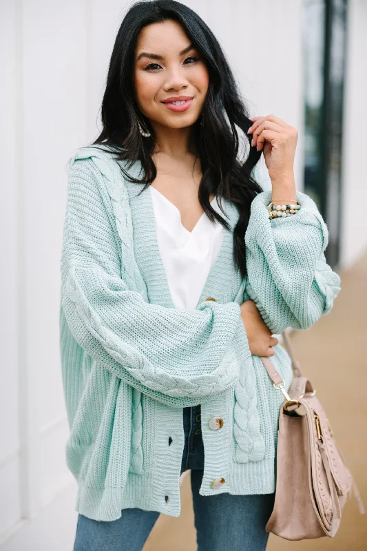 Layered Style In Full Support Spring Mint Green Cable Knit Cardigan