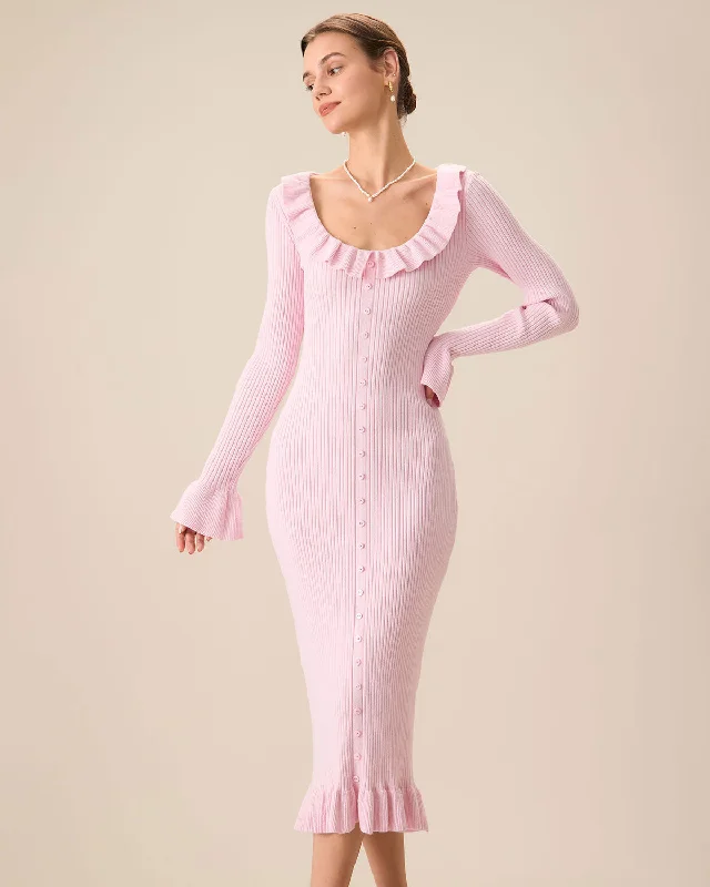 Dynamic Fashion Women's Pink U-Neck Ruffle Bodycon Sweater Dress
