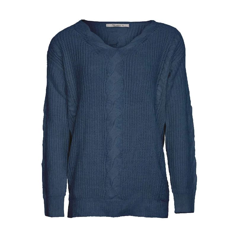 Simple Elegance Cable Vee Neck Sweater - Navy