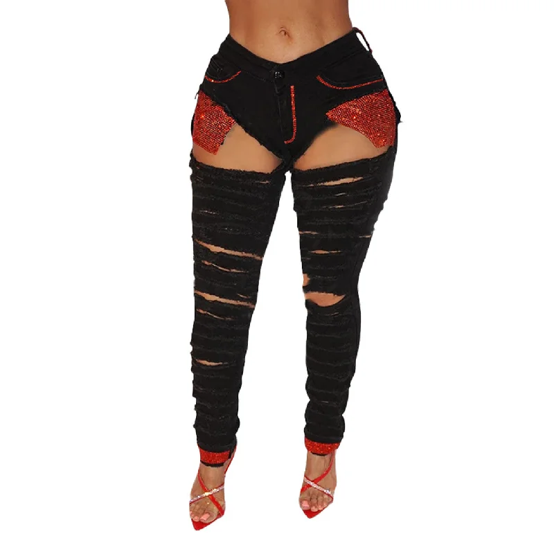 Comfort Fit Sequin Pocket Ripped Jeans Pant Wholesale Market