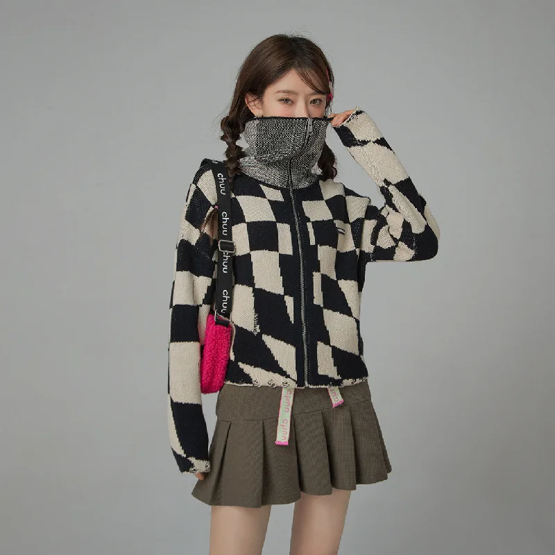 Urban Design Sense Check Mate Queen Checkerboard Zip-Up Cardigan