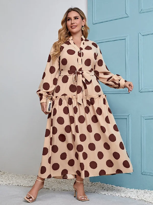 French Retro Modest Polka Dot Button Front Long Sleeve Collar Flounce High Waist Long Plus Size Dress French Retro Modest Polka Dot Button Front Long Sleeve Collar Flounce High Waist Long Plus Size Dress