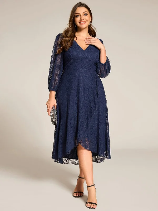 Energetic Irene | Plus Size Midi Long Lantern Sleeves V-Neck Lace Wedding Guest Dress