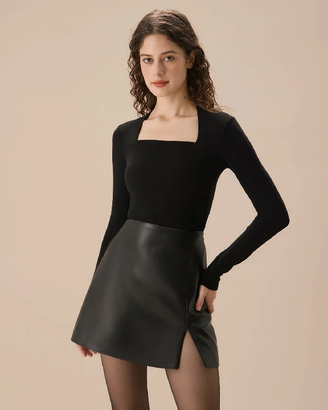 Celebrity Style Black Square Neck Slim Knit Tee