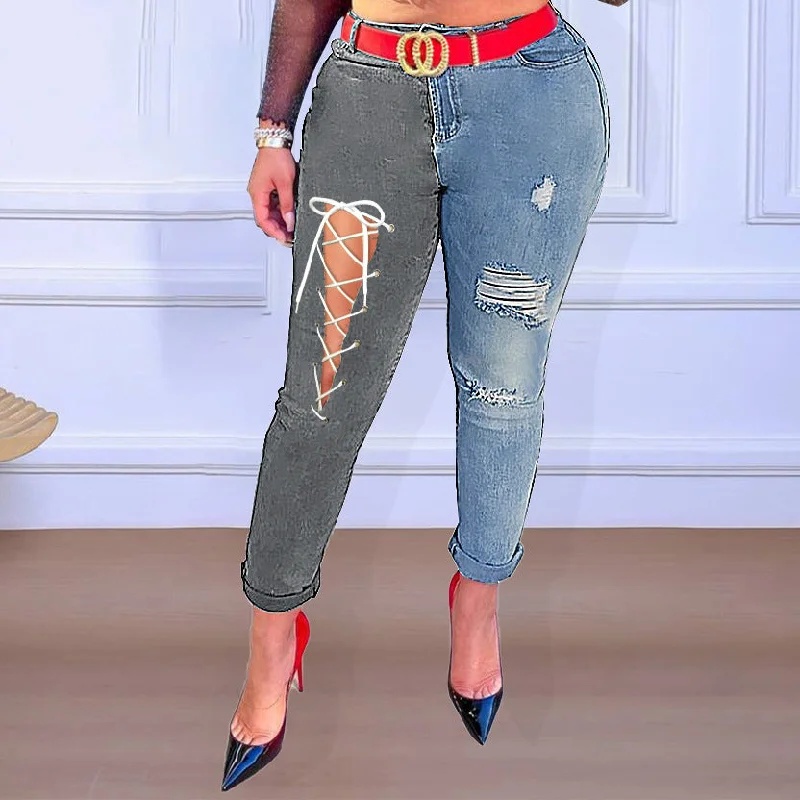 Smart Casuals Jeans With Hole Design Wholesale Pants Online Women Fashion Denim Bottom