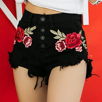 Modernism Embroidered Floral Print Wide Leg Jeans Ripped Frayed Wholesale Jean Shorts