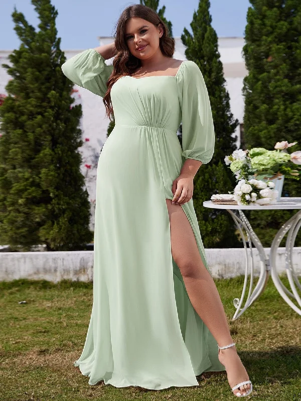 Lively And Youthful Clio | Plus Size High-Slit Waist Pleated Bridesmaid Dress with Long Sleeves Lively And Youthful Clio | Plus Size High-Slit Waist Pleated Bridesmaid Dress with Long Sleeves