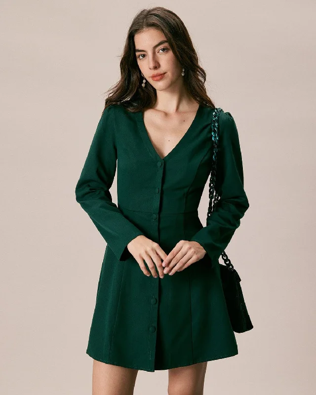 Elegant Tailoring The Green V Neck Button Shirt Mini Dress