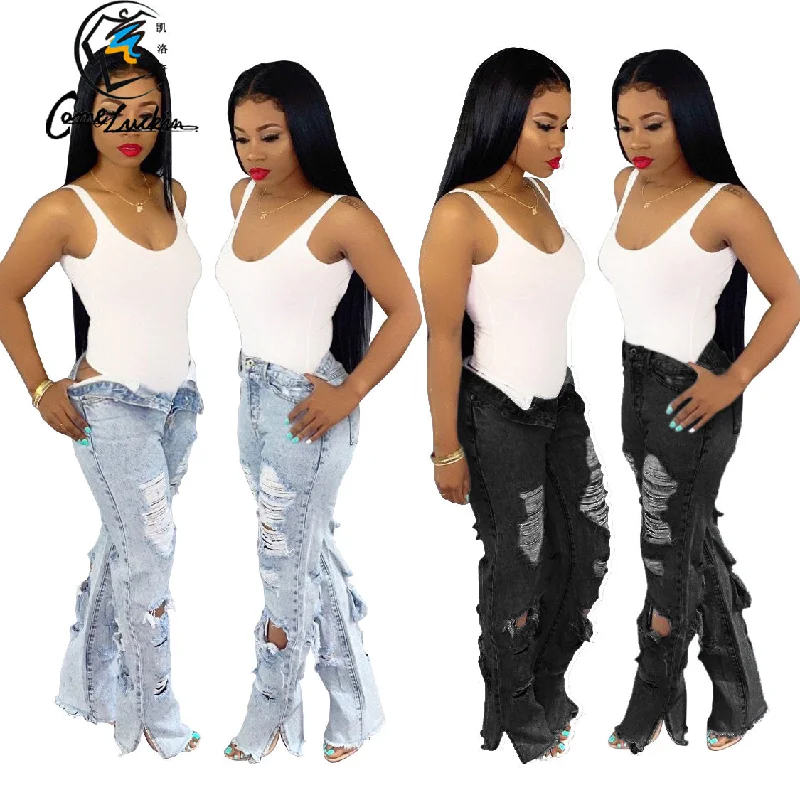 Comfortable Outfits Custom Logo High Waist Big Ripped Beggar Jeans For Women Fashion Denim Straight Leg Pants Comfortable Outfits Custom Logo High Waist Big Ripped Beggar Jeans For Women Fashion Denim Straight Leg Pants