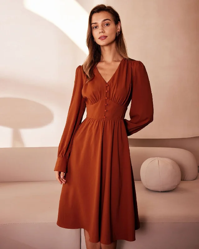 Sports And Leisure The Orange V Neck Pleated Button Midi Dress
