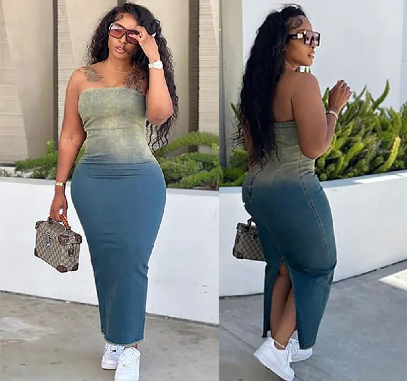 Chic Comfort Midi Ladies Dress Jeans Street Wear Ombre Denim Straight Strapless Dress Tight Jean Dresses Denim Women Chic Comfort Midi Ladies Dress Jeans Street Wear Ombre Denim Straight Strapless Dress Tight Jean Dresses Denim Women