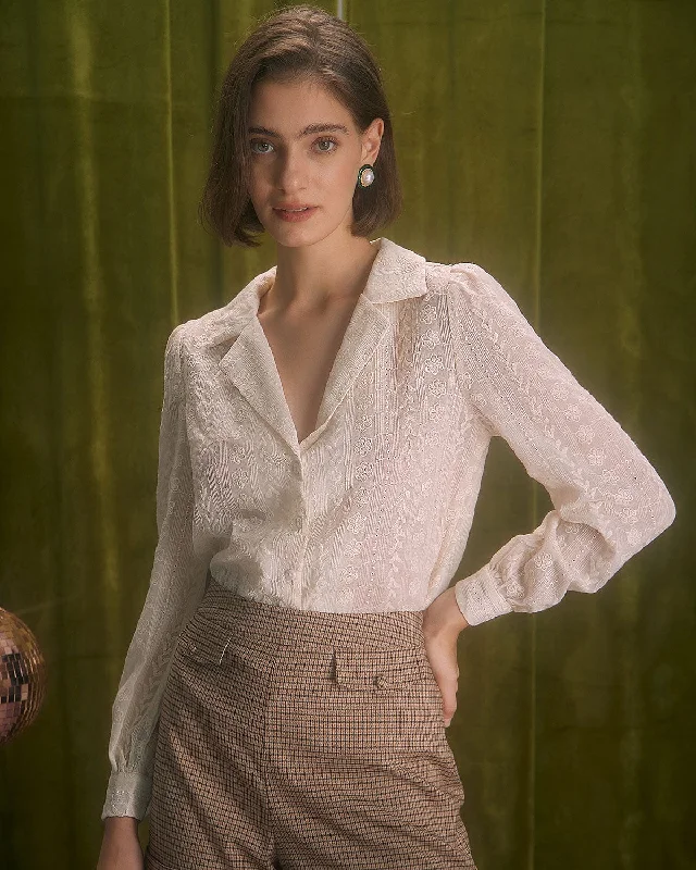 Classic Series The Apricot Lapel Floral Embroidery Blouse