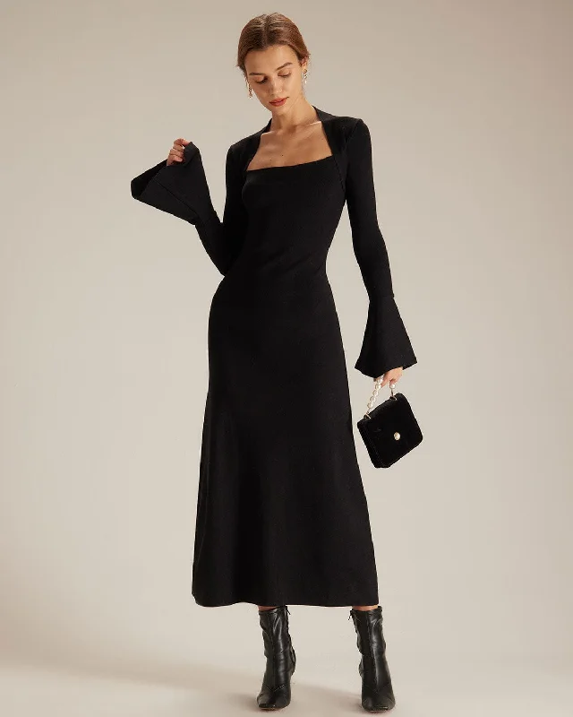 Sports Cool The Black Square Neck Flare Sleeve Midi Dress