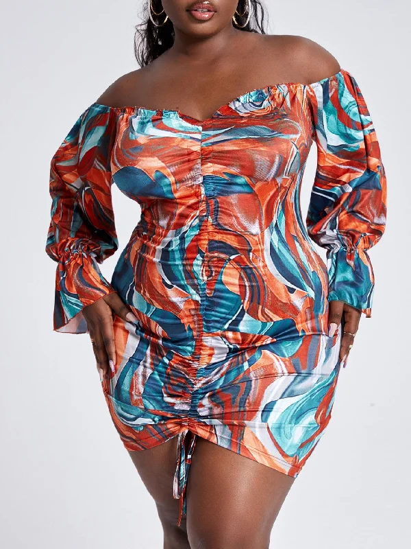 Comfortable Design Sexy All Over Print Drawstring Long Sleeve Off The Shoulder Pencil Natural Short Plus Size Dress Comfortable Design Sexy All Over Print Drawstring Long Sleeve Off The Shoulder Pencil Natural Short Plus Size Dress